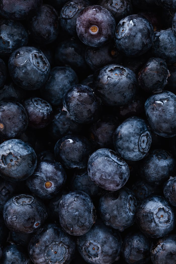 Top view of delicious sweet and fresh ripe blueberries placed on even surface